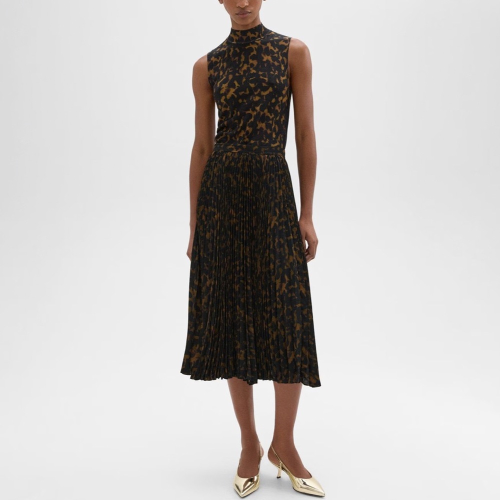 Theory Black and Brown Pleated Midi Skirt Dress